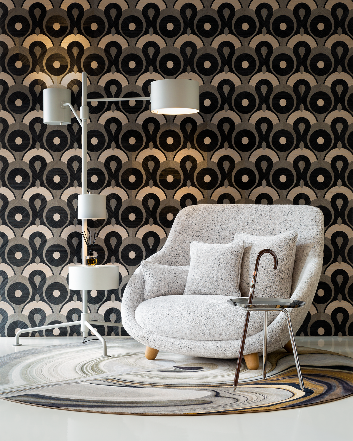 Love sofa in set with Statistocrat lamp and snake wallcovering and liquid layers marl carpet